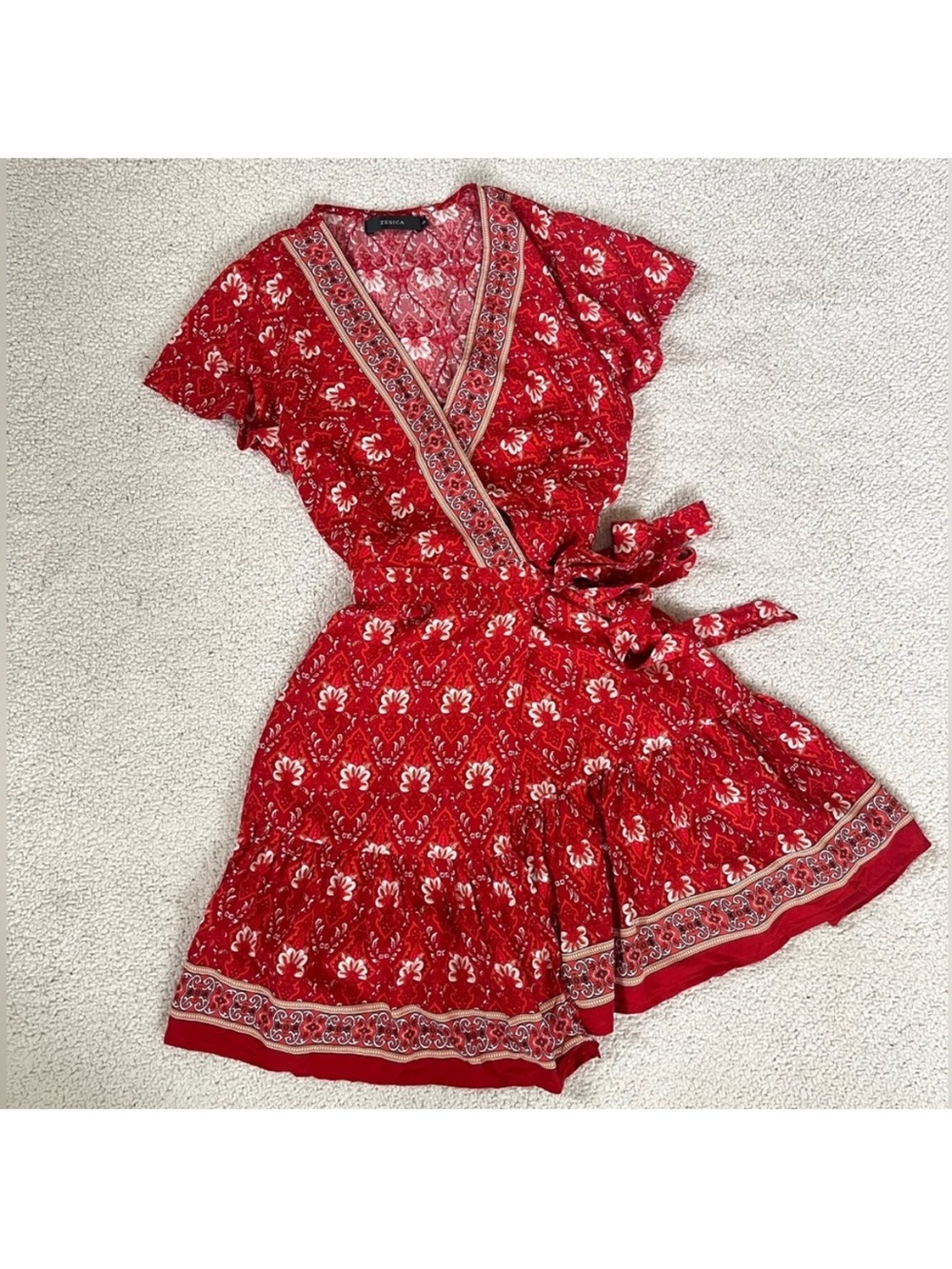 Zesica Chic Red vibrant boho Floral Wrap summer Dress S